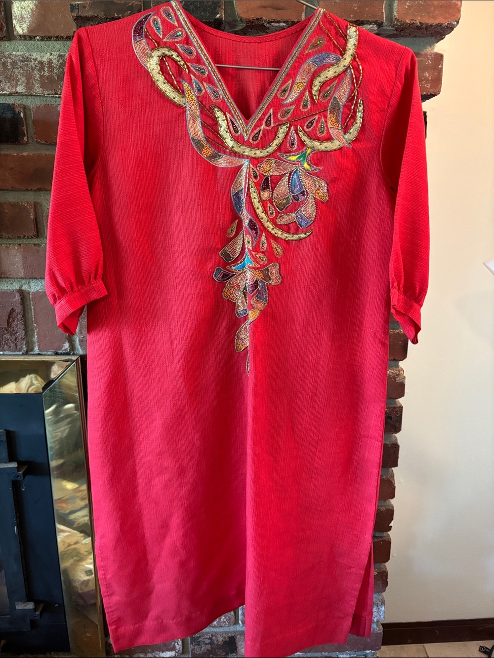 Women’s Red Embroidered Kurta - Elegant V-Neck